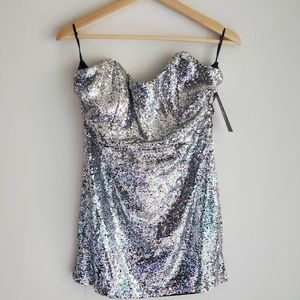 Lulu's Flirty Silver Sequin Mini Bodycon Dress NWT